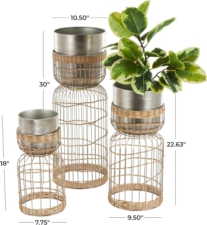 Deco 79 Metal Indoor Planter Textured Dome Large Planter Pot with Woven Rattan and Caged Rod Pedestal Base, Set of 3 Planters 30", 23", 18" H, Silver