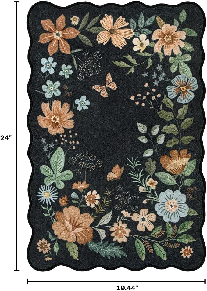 Lahome Floral Entryway Rug, 2X3 Washable Kitchen Rug Ultra-Thin, Non-Slip Soft Door Mat Indoor Entrance Boho Small Low-Pile Flore Carpet for Bathroom Bedroom (2x3ft,Black/Grey)