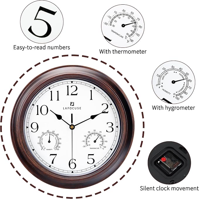 Lafocuse 12 Inch Outdoor Clocks Waterproof for Patio Pool Bathroom | With Thermometer Combo and Hygrometer, Vintage Rustic Weather Outside Clock for Garden Garage Porch Kitchen, Silent, Accurate