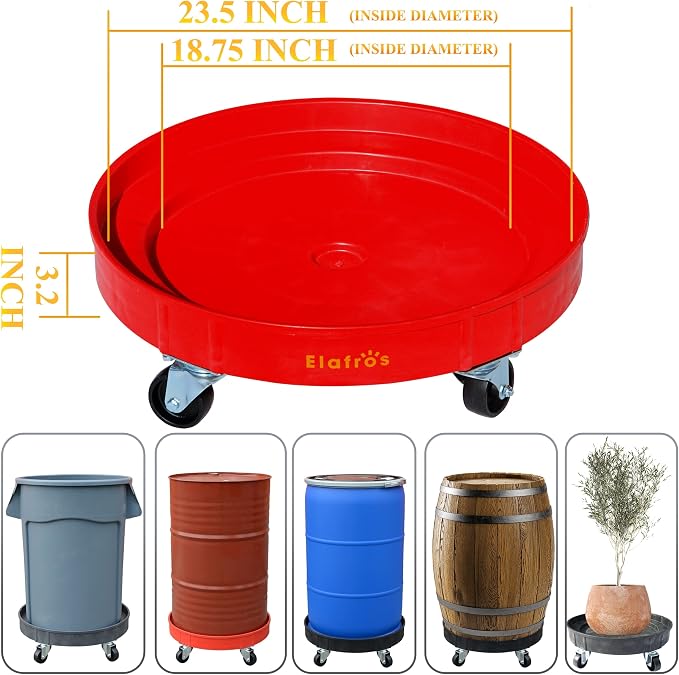 ELAFROS 30 Gallon and 55 Gallon Heavy Duty Plastic Drum Dolly – Durable Plastic Drum Cart 900 lb. Capacity- Barrel Dolly with 5 Swivel Casters Wheel,Red