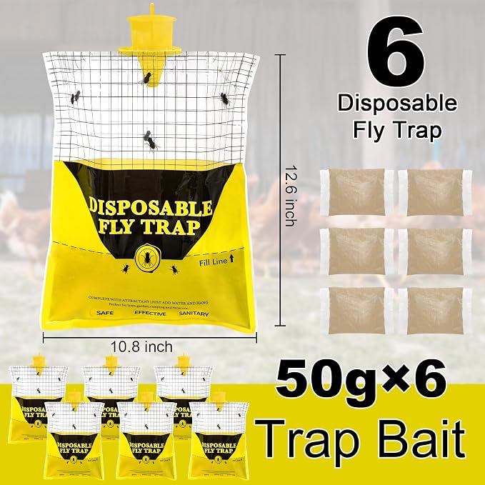 Outdoor Fly Traps for Patio, 6 Pack Pre-Baited Big Fly Bags Outdoor Disposable, Hanging Fly Catcher Hunter Stable Horse Ranch Control Repellent Killer for Barn, Farm