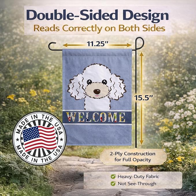 Caroline's Treasures BB1443GF White Poodle Welcome Garden Flag, Blue Mailbox Flag Decorative Yard Flag Banner Outside Patio Artwork Yard Flower Beds, Garden Size, Multicolor