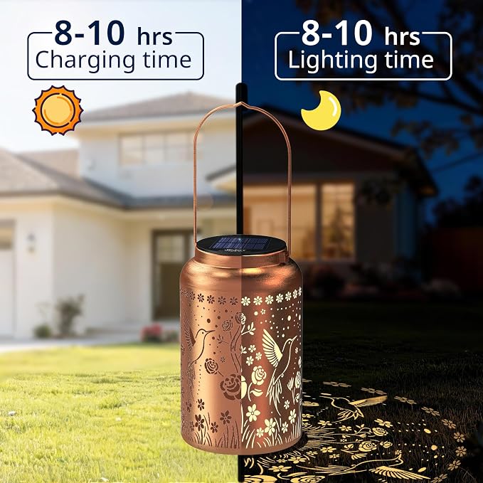 JEJOT Hummingbird Solar Lanterns Outdoor Waterproof, Mothers Day Gifts, Birthday Gifts for Women Mom Grandma,Metal Hanging Solar Lantern for Yard,Garden,Porch Landscape Deconrations-2 Pack