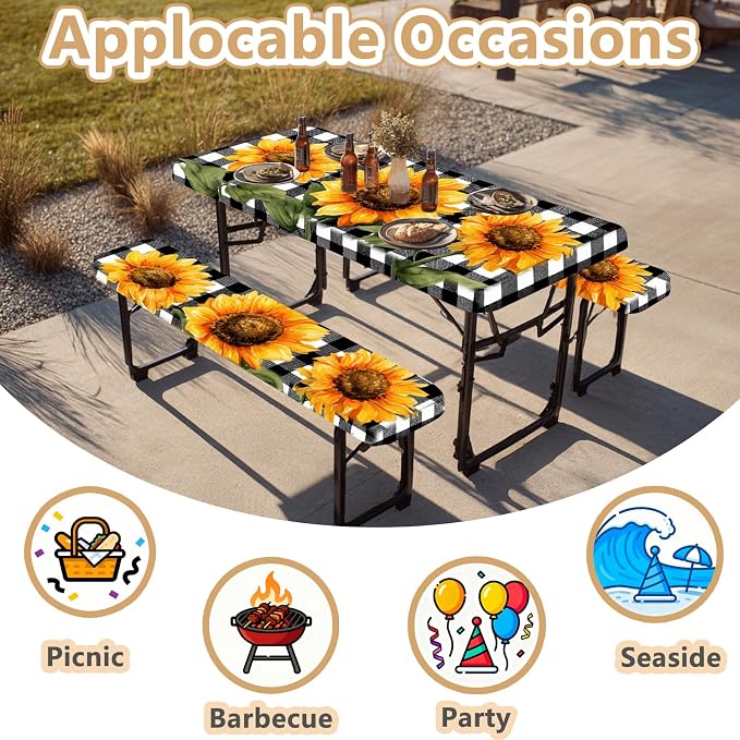Picnic Table Cover with Bench Covers Elastic Edges, Outdoor Patio Camping Essentials 96 Inch 3PCS, Waterproof Camping Fitted Tablecloth with Handbags (Sunflower buffalo plaid)