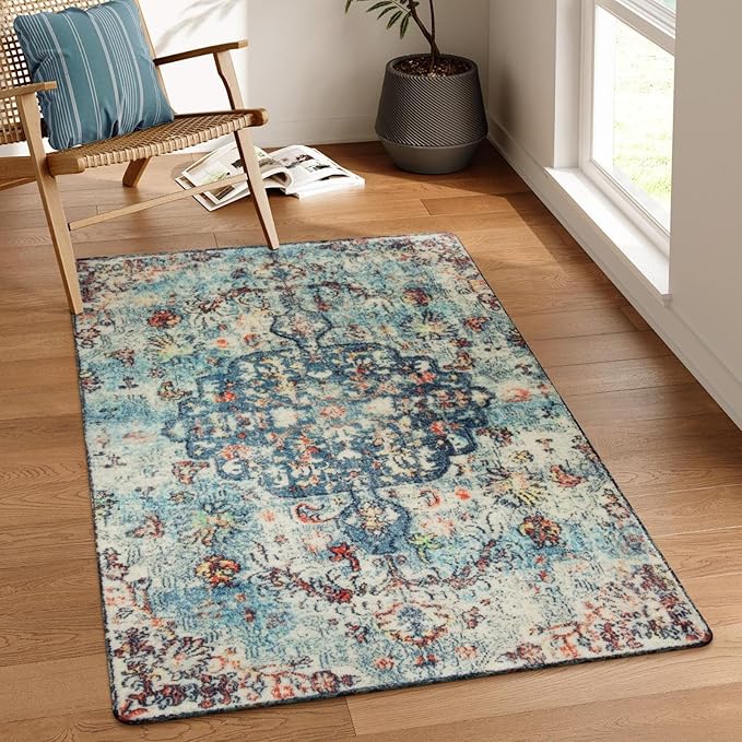 Lahome Reine Bohemian Floral Medallion Area Rug - 3x5 Vintage Teal Distressed Entry Throw Rug Turkish Faux Wool Accent Rug Non-Slip Washable Low-Pile Carpet for Bathroom Entrance Living Bedroom