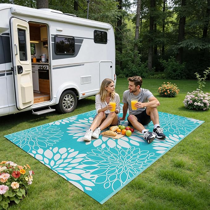 Ileading Waterproof Outdoor Rug 5x8, Reversible Plastic Straw Patio Rug, Portable Indoor Outdoor RV Camping Mat Carpet for Deck, Porch, Balcony, Backyard, Picnic, Floral Teal