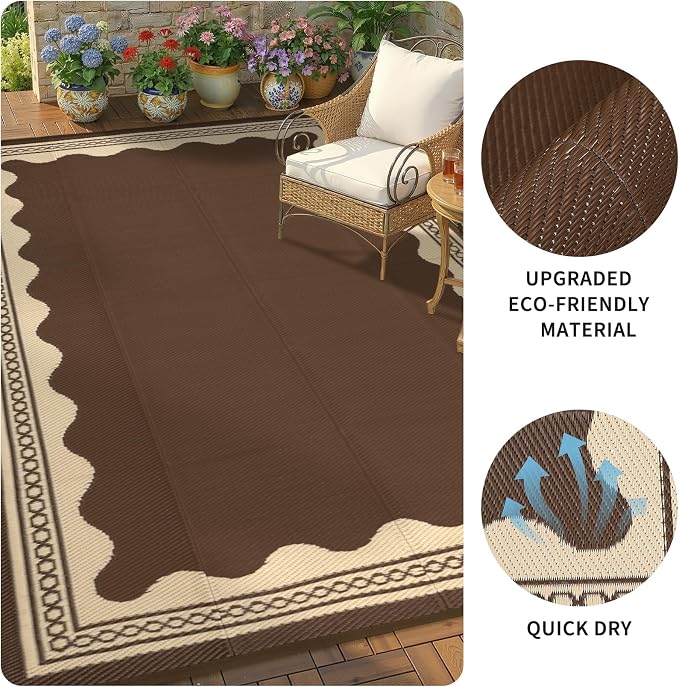 Garvee Large Outdoor Rug 10x14 Scalloped Waterproof Patio RV Outdoor Rugs Reversible Foldable Plastic Straw Rug Modern Camping Carpet for Deck Camper Porch Balcony Backyard Picnic Beach Brown
