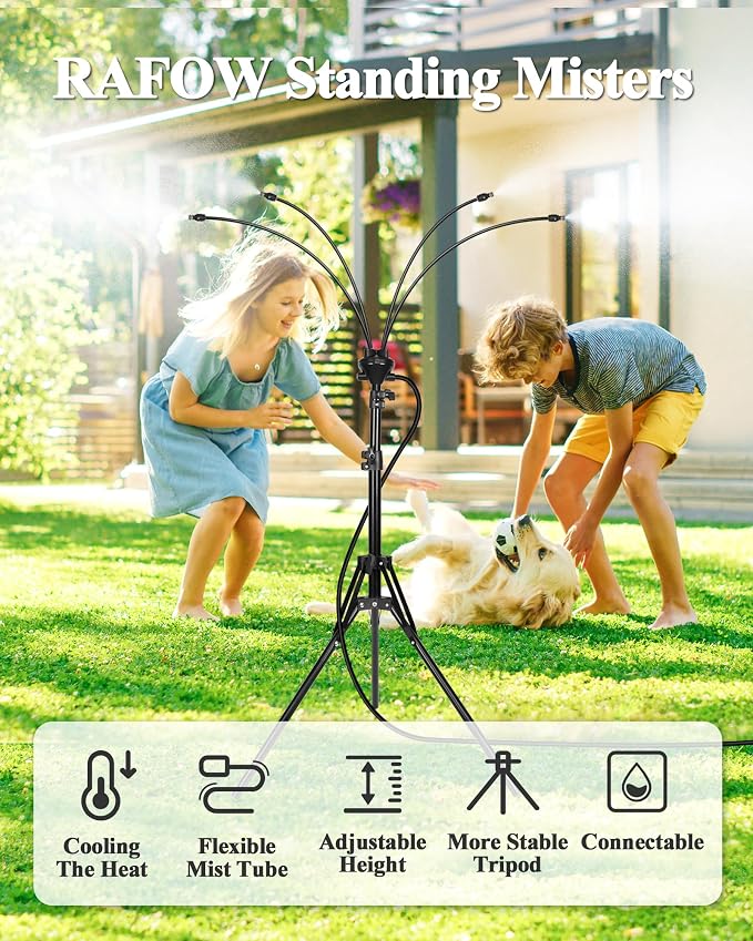 Rafow Standing Misters for Outside Patio - Adjustable Height 3.6-5.2FT Misting System Line 26.5FT Portable Water Misters for Cooling Outdoor with Tripod Base Stand Mister for Backyard Pool BBQ Party