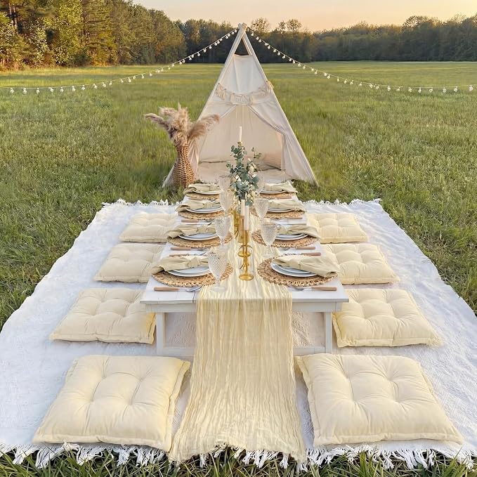 Extra Large Outdoor Picnic Blanket with Table Runner and Floor Pillow Cushion for Picnic Wedding Birthday Baby Shower Backyard Decor(91 x 71'',Light Beige,8 Pcs)