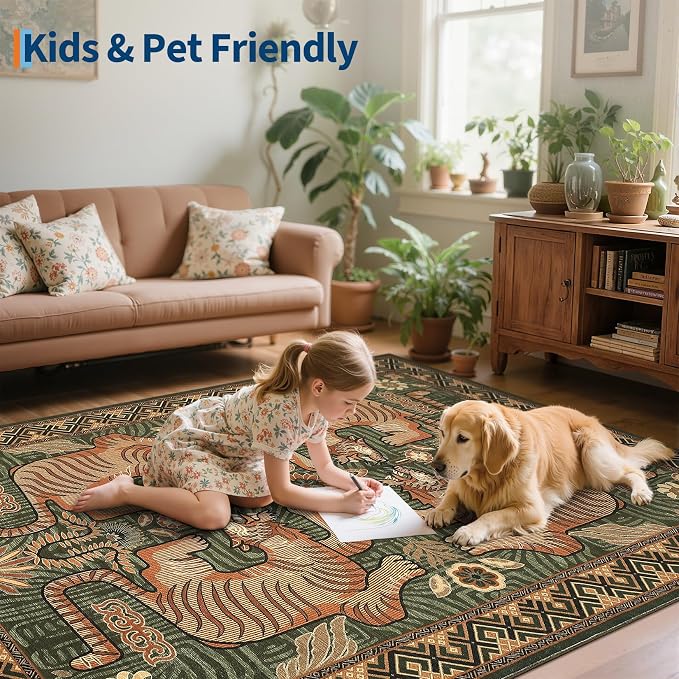 GarveeHome Tiger 6x9 Rugs Boho Green Washable Vintage Non Slip Living Room | Area Rugs for Bedroom, Vintage Tribal Soft Animal Print Throw Rug Ultra Thin Stain Resistant Floor Carpet for Office