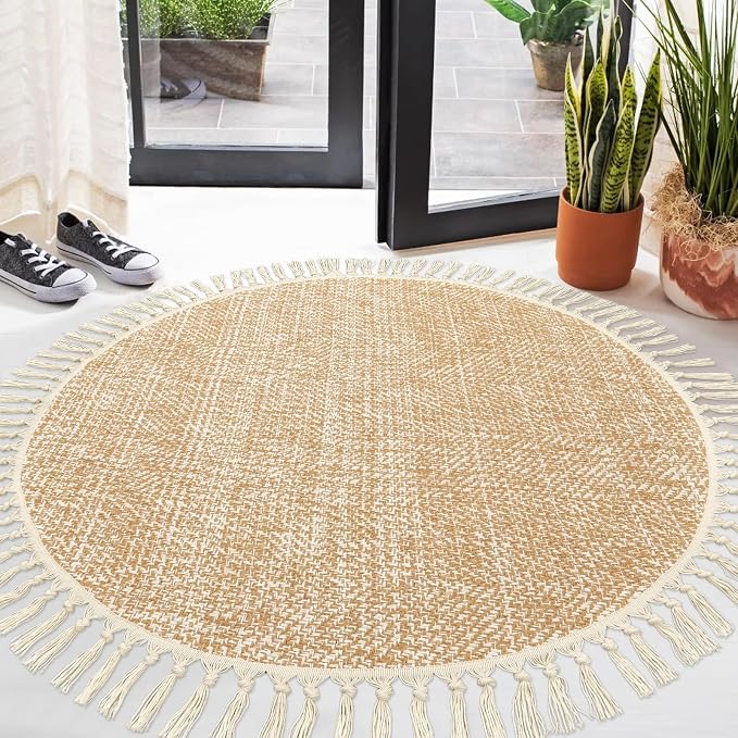 Hand Woven Circle Area Rug, Soft Hand Woven Cotton Washable Carpet | 4ft Modern Farmhouse Rugs with Tassels, Tan/Cream Round Rugs for Bedroom Living Room Dining Room Table Office