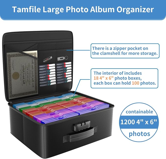 Fireproof Safe Photo Storage Box with 18 Inner 4"x6" Multicolor Photo Cases | Portable Photo Organizer with Lock for Picture, Collapsible Photo Container with Handle and 18 Boxes 4 Sheet Label Stickers