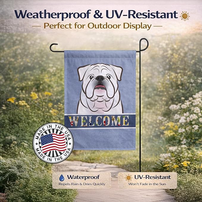 Caroline's Treasures BB1406GF White English Bulldog Welcome Garden Flag, Blue Mailbox Flag Decorative Yard Flag Banner Outside Patio Artwork Yard Flower Beds, Garden Size, Multicolor