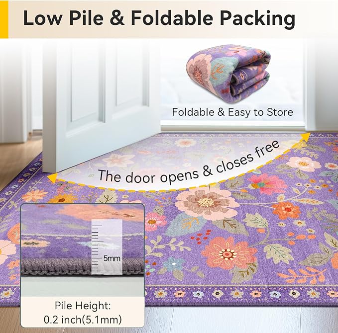 Floral Washable 2x6 Area Rugs Runner Entryway Hallway Purple/Pink | Flower Carpet, Print, Boho, Non-Slip, Easy to Clean, Low Pile, Soft, for Living Room Bedroom Kitchen Office Entrance
