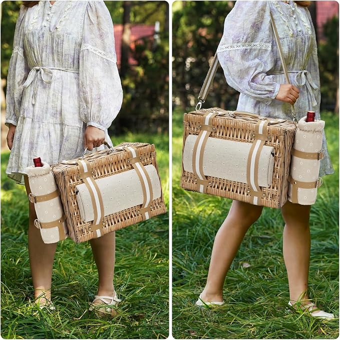 G GOOD GAIN 31Pcs Picnic Basket for 4 - Wicker Picnic Set with Waterproof Blanket & Wine Bag| Large Picnic Hamper with Insulated Cooler & Cutlery Kit for Couples Camping,White Flower,16x12x7.5inch