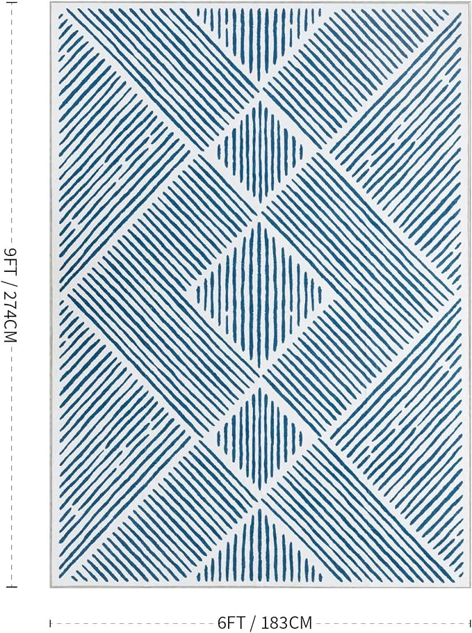 6‘x9' Washable Blue and White Rug, Modern Area Rug for Living Room | Non-Slip, Low Pile, Stain Resistant, Navy Blue Geometric Stripe Rug for Bedroom Dining Room