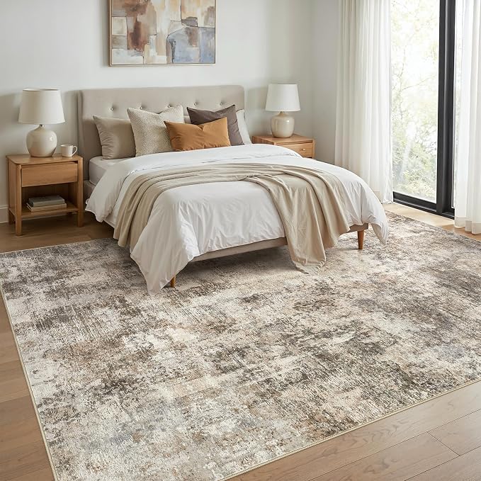 10x12 Area Rug Washable Abstract Rugs for Living Room Dark Brown | for Bedroom, Dining Room, Office, Nursery, Soft Neutral, Low Pile Non-Slip, Kid Pet Friendly, Large Indoor Carpet, Home Decor