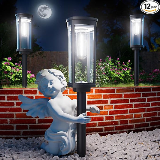 ALFIOT Solar Pathway Lights Outdoor, Bright Solar Lights Outdoor, IP65 Waterproof Landscape Lighting for Yard Patio Walkway Driveway Pathway (Cool White (Cylinder), 12 Pack)