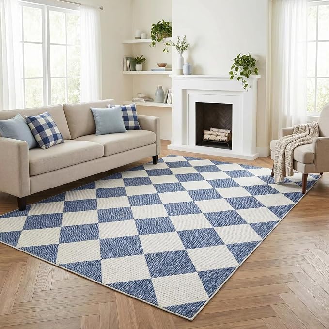 GarveeHome 5x7 Checkered Area Rug Navy Blue Washable Living Room Rug | Modern Geometric Farmhouse Carpet Soft Low Pile Non Slip Diamond Floor Mat Plaid Print Throw Rug for Dining Room Playroom