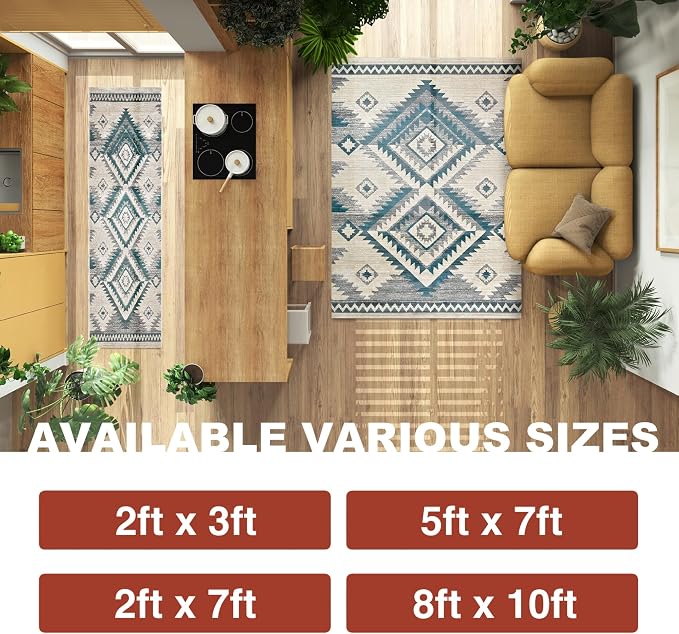 YHSF South West Native Tribal American Rug Ritz - Aqua, 2 ft x 3 ft | Native American Indian Inspired Rug - Living Room, Bedroom, Hallway, Entryway & High-Traffic Area Rugs - Washable - Soft