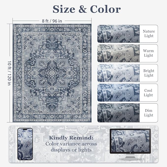 8x10 Blue Gray Rugs for Living Room, Transitional Medallion Washable Large Rug for Bedroom Under Bed, Modern Vintage Distressed Low Pile Thin Soft Carpet Rugs for Dining Room Office