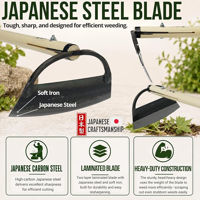 KAKURI Japanese Garden Hoe Long Handle 53" for Weeding - Heavy Duty Wide Draw Hoe Weeder Tool - Sharp Japanese Steel Blade & Wooden Handle - Made in Japan
