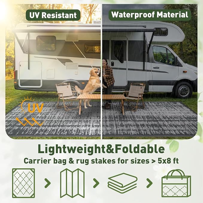 MontVoo Outdoor Rug Waterproof 5x8 ft Outdoor Carpet Patio Rug Mat Reversible RV Camping Rug Plastic Straw Outside Rug for Balcony Porch Deck Picnic Beach Modern Grey