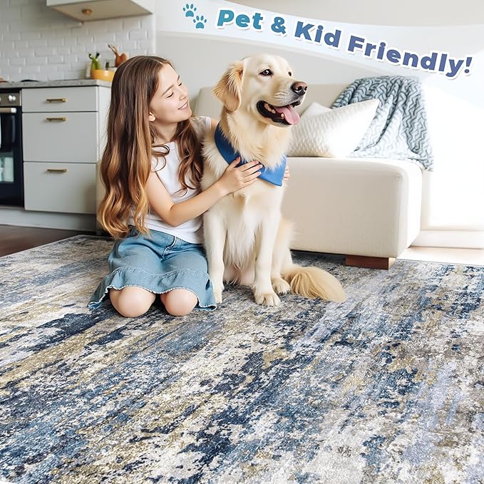 pmtsns Area Rugs 6x9 for Living Room: Washable Rug Modern Abstract Neutral Soft Non-Slip Low-Pile Indoor Carpet for Bedroom Dining Room Playroom Home Office (Blue Grey Brown, 6'x9')