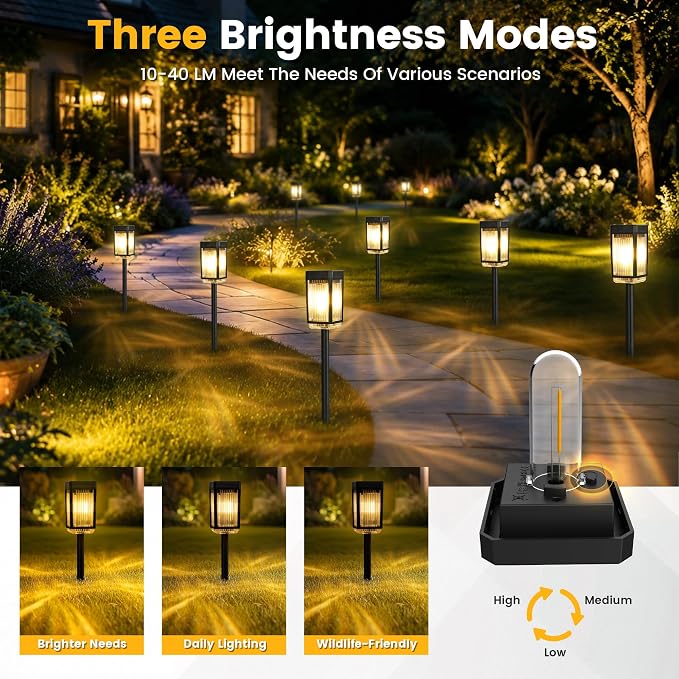 Solar Pathway Lights, 12 Pack Solar Powered Garden Lights Waterproof IP65, 3 Brightness Modes 10-40 LM Outdoor Light for Lawn Patio Walkway Driveway Decor Landscape Lighting (Warm White)