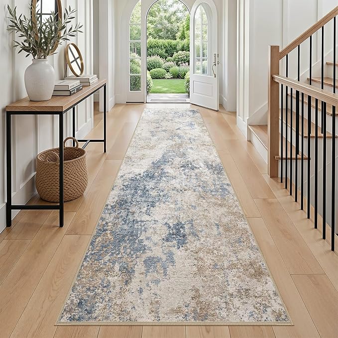 Nakagishi 3x8 Abstract Washable Area Rugs for Entryway-Blue Brown | Modern Non-Slip Silicone Backing Low Pile Soft Carpet for Bedroom Dining Decor for Families with Kids and Pets