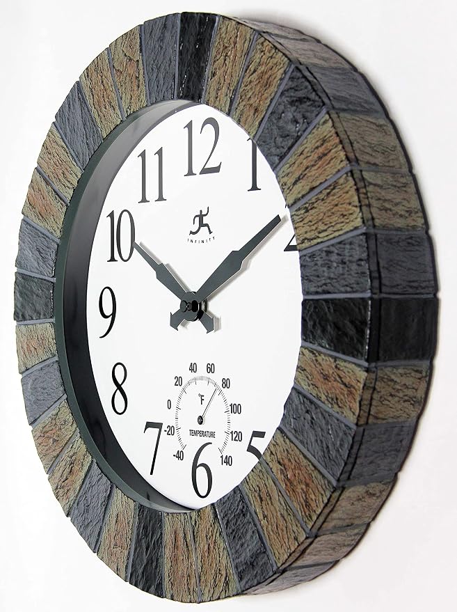 Infinity Instruments 13 inch Outdoor Wall Clock Faux Slate with Built-in Thermometer Combo Waterproof Large Outdoor Clock for Patios Weatherproof Battery Operated Quartz Movement