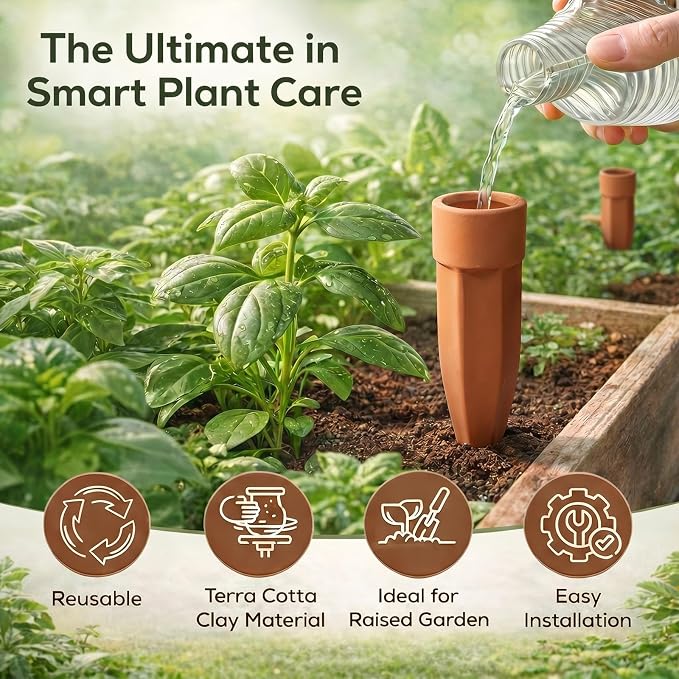 Honeydak 6pcs Small Terracotta Watering Spikes with Lids 4'' Automatic Plant Waterer Self Watering Stake Planter Insert Slow Release Device for Bottles 4-6'' Pot Plants Indoor Outdoor Garden Vacation