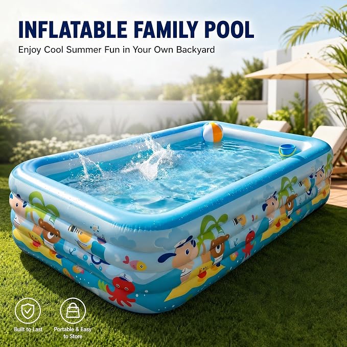 Heavy Duty 4-Ring Inflatable Family Pool 118x69x26 Inches Blow Up Swimming Pool for Backyard Garden Summer Water Party
