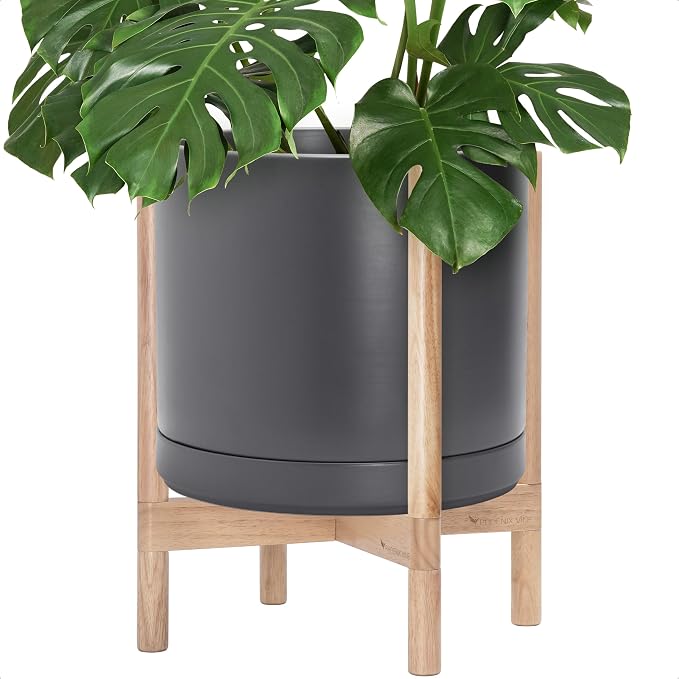 D'vine Dev Ceramic Planter with Natural Stand - 14 Inch Modern Round Flower Pot with Wood Planter Holder, Grey, 55-B-R-3