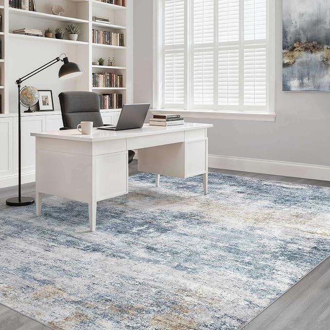 LOONGRUG 10x13 Area Rug Washable Neutral Modern Living Room Rug Blue Gold | Large Abstract Soft Stain Resistant Indoor Non-Slip Carpet for Bedroom Nursery Kids Office Playroom Dining Room