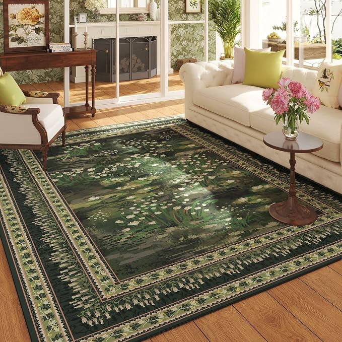 Rugcomf 5x7 Area Rugs Impressionist-Style Vintage Washable Area Rug Non Slip Low Pile Large Rugs for Living Room Bedroom Farmhouse Dining Room Kids Playroom, Green