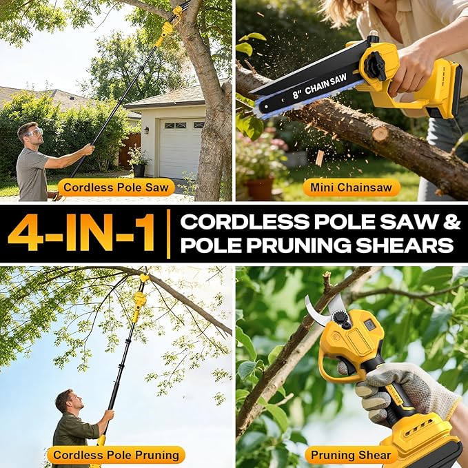 4-in-1 Cordless Pole Saw & Electric Pruning Shears Combo for De Walt 20V MAX Battery (No Battery), Brushless 8 Inch Mini Chainsaw, 15.8 FT Max Reach, Tree Trimmer & Branch Cutter