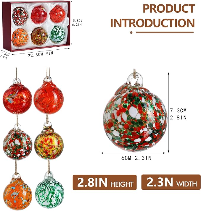 6 Pack Hand Blown Glass Balls Ornaments Hanging Witches Ball Gazing Ball