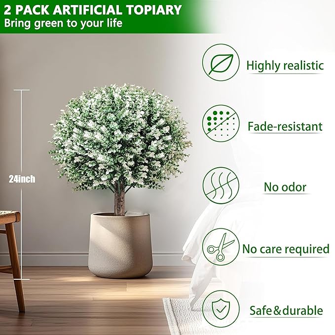 THKFUL 2PCS Artificial Boxwood Topiary Ball Tree, 24" Artificial Plants Outdoor with Spike, UV Resistant Eucalyptus Gazing Balls Fake Bushes Shrubs with Spike for 4th of July Garden Patio Office Home