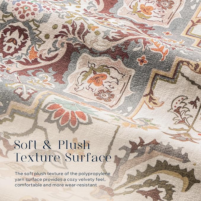 Phantoscope Washable Runner Rug 2'x10' Non-Slip, Vintage Boho Hallway Rugs for Entryway, Stair, Bedroom, Persian Floral Medallion Pattern, Low-Pile Foldable Floor Carpet, Ivory Rose/Fall Bloom