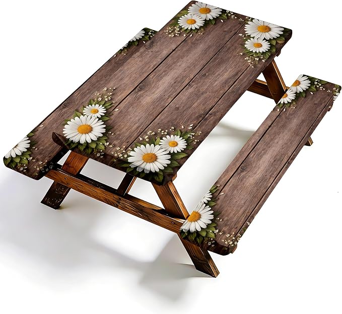 NYZE 3 Pieces Picnic Table Cover with Bench Covers Set, Camping Tablecloth, Tablecloth Cover with Drawstring Bag, Camping Essentials for Outdoor Picnics, Patio, BBQ (Wood Daisy)