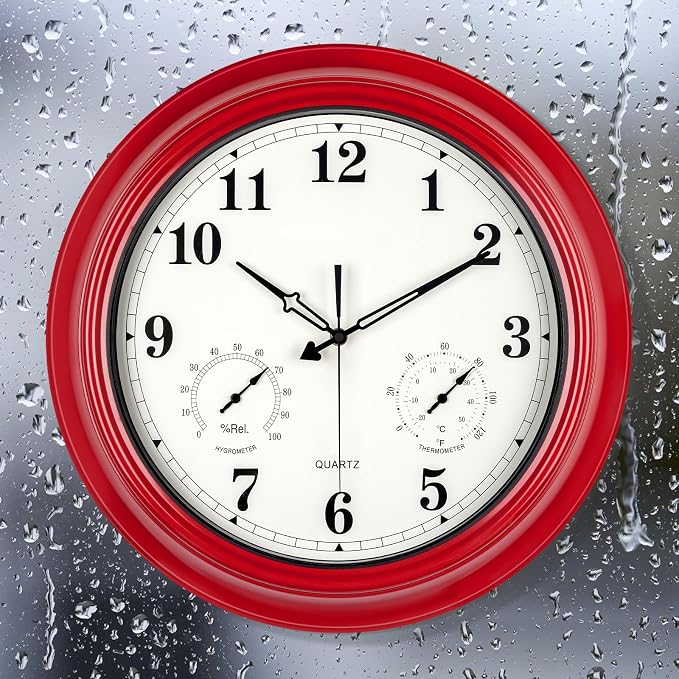 Outdoor Clocks Waterproof, 18 in Large Outdoor Clock for Patio w/Thermometer Combo, Silent Battery Operated Decorative Retro Wall Clock for Living Room/Bathroom/Pool/Indoor, Red