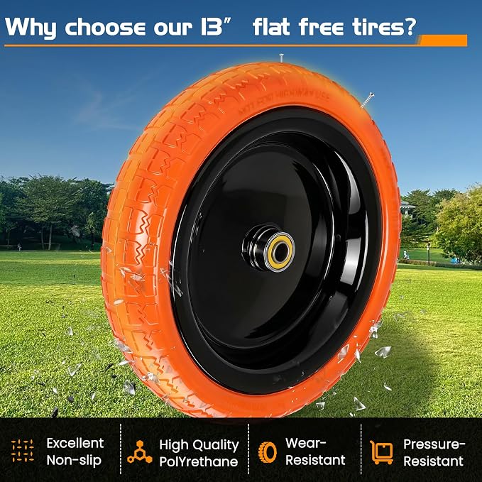 13" Flat Free Wheels Replacement for GOR Garden Cart Tires and Wheels, 4.00-6 Solid Tires and Wheels with 5/8"Bearings, 13" No Flat Wheels for GOR Garden Carts/Hand Trucks/Garden Carts（Orange）