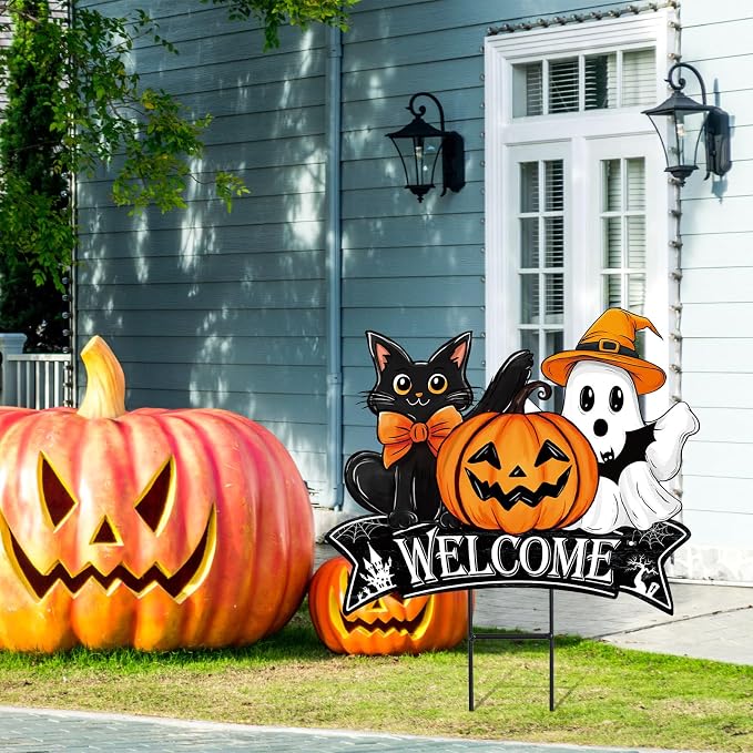 JarThenaAMCS Vintage Halloween Metal Garden Stake Pumpkin Ghost Black Cat Decorative Lawn Sign Welcome Yard Sign for Trick or Treat Party Home Outside Lawn Porch Decor