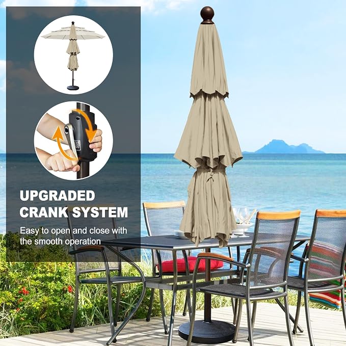 Eurmax USA 10-Year-Non-Fading 10FT 3-Tier Outdoor Patio Market Umbrella,UPF50+ UV Resistant,Heavy Duty Commercial Grade,Crank Lift Design,Windproof Vented Top for Garden,Pool,Deck,Antique Beige