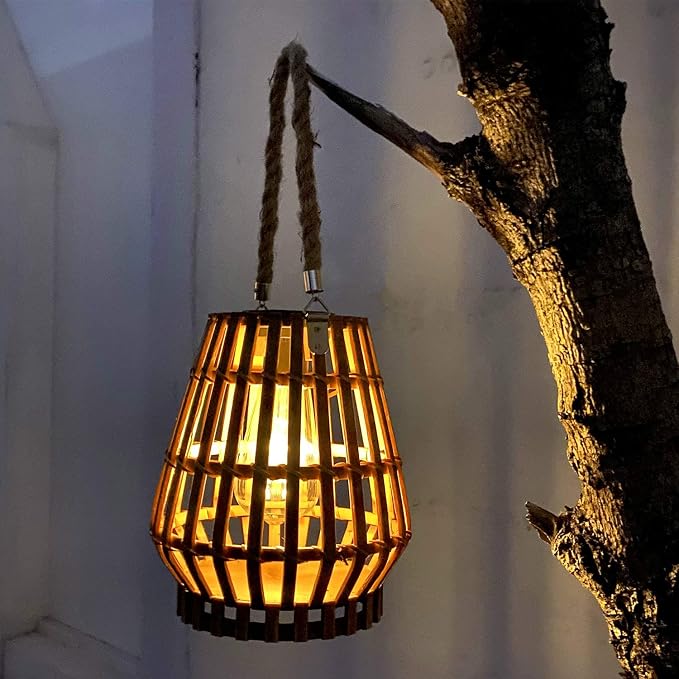Solar Hanging Lantern Outdoor , Waterproof Natural Bamboo Lanterns with Handle Edison Bulb Design Solar Table Lamp Lights Decoration for Courtyard Patio Garden Farmhouse