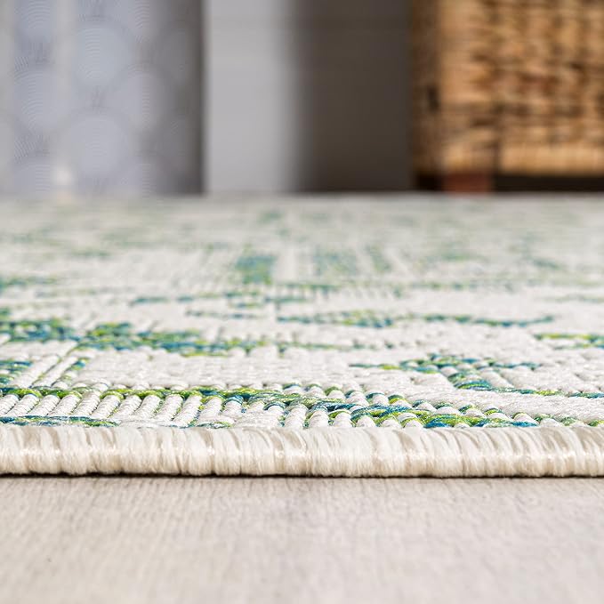 JONATHAN Y Boho Medallion Indoor Outdoor Square Area Rug 5X5 Green/Cream, Estrella Textured Weave for Backyard, Patio, Porch, Easy-Cleaning, High Traffic, Pet-Friendly, Non-Shedding (SMB105G-5SQ)