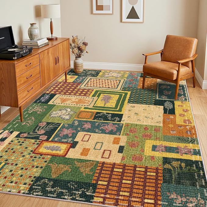Patchwork Area Rugs for Living Room, Washable 5x7 Multicolor Floral Rug | Upgraded Non Slip Carpet| Indoor Rugs for Bedroom Dining Room Office Home Decor| Abstract Rug| Southwestern Cottagecore Rug