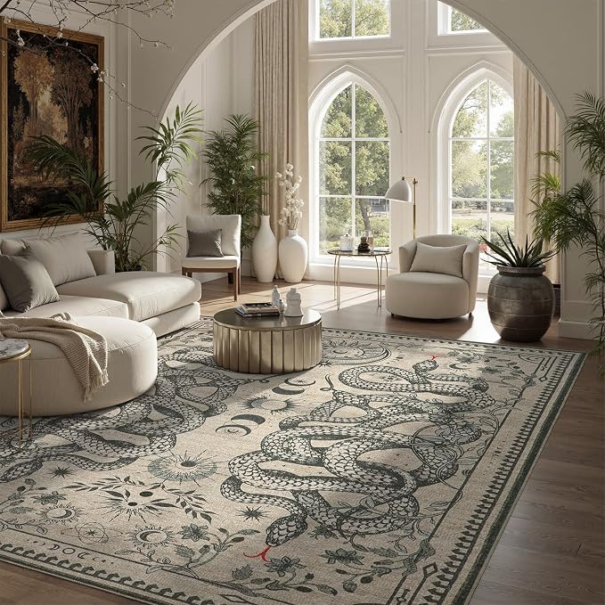 DCX 4x6 Washable Snake Rug for Living Room, Non Slip Low Pile Rug, Beige | Rugs for living rooms, bedroom, dining room, office, soft, gothic rug, sain resistant indoor carpet, home decor