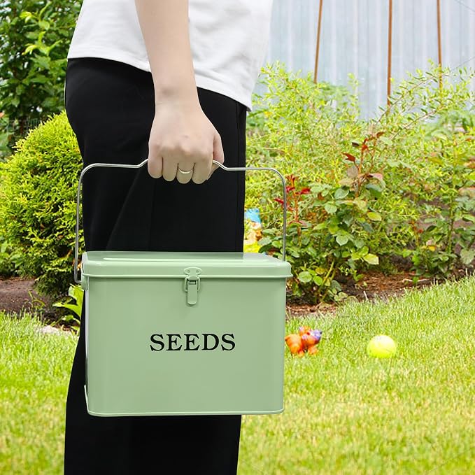 Seed Storage, Metal Seed Box with Safety Lock & Handle, 3 Dividers Seed Organizer Seed Container Storage, Professional All-in-one Kit with 1 Pen, 20 Plant Labels and 50 Seed Envelopes, Green